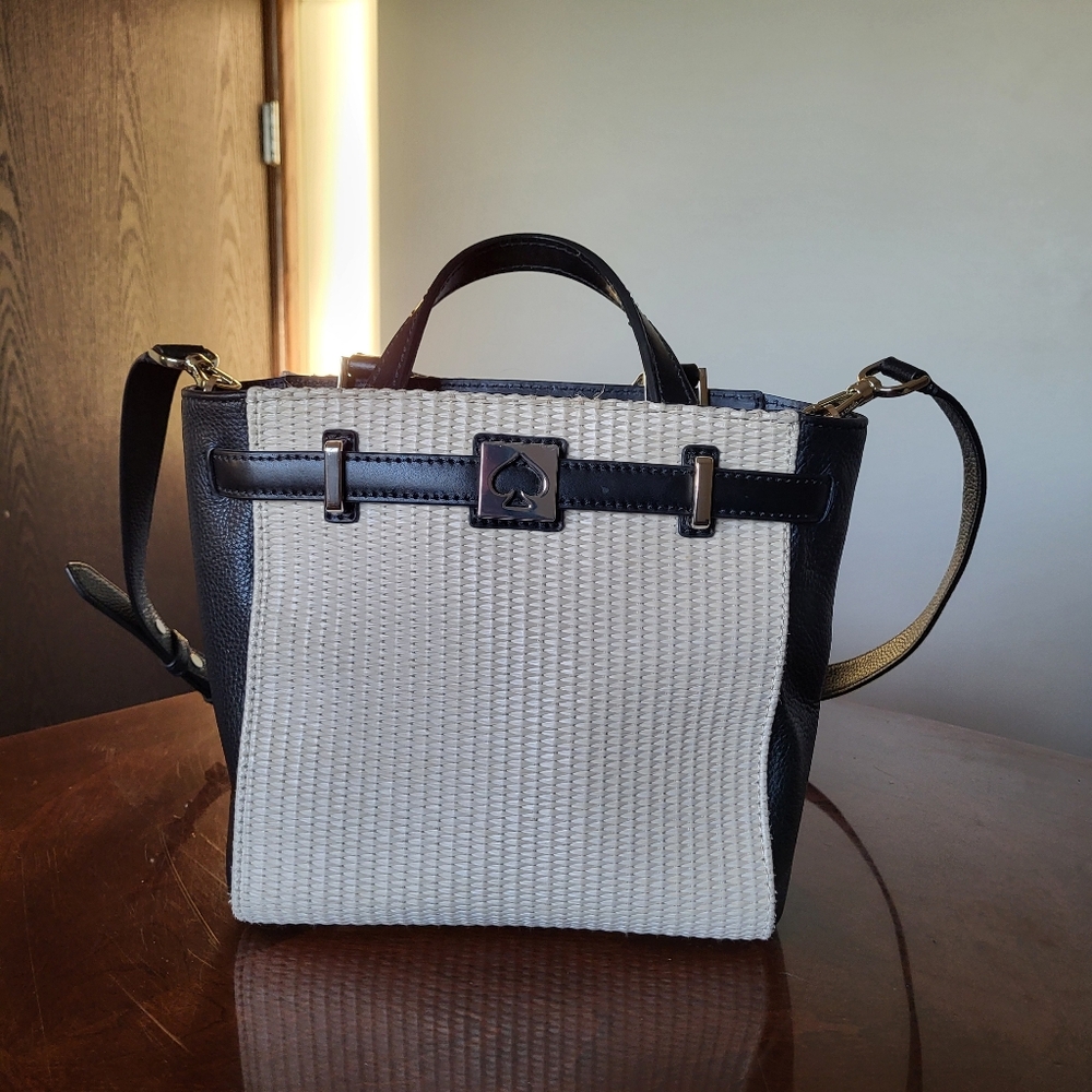 Kate Spade Demarco Houston Street Cream Straw Black Leather Tote